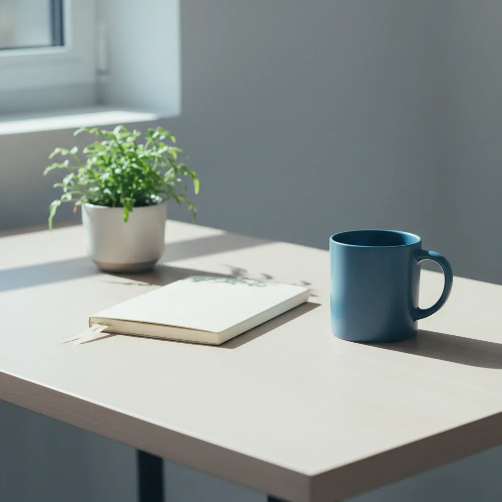 Rustige werkruimte met notitieboekje, plant en keramische koffiemok op een licht houten bureau