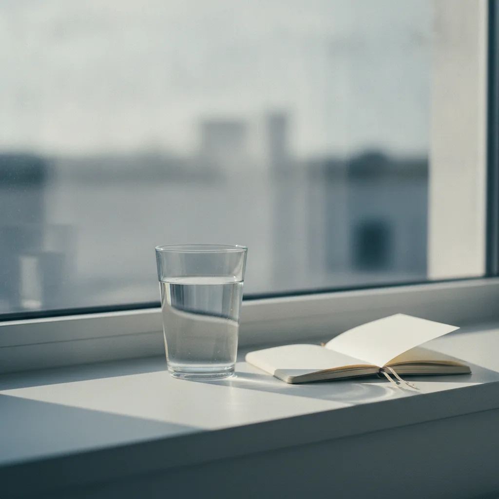 Glas water en een notitieboekje op een licht vensterbank in ochtendlicht, rustgevende routine